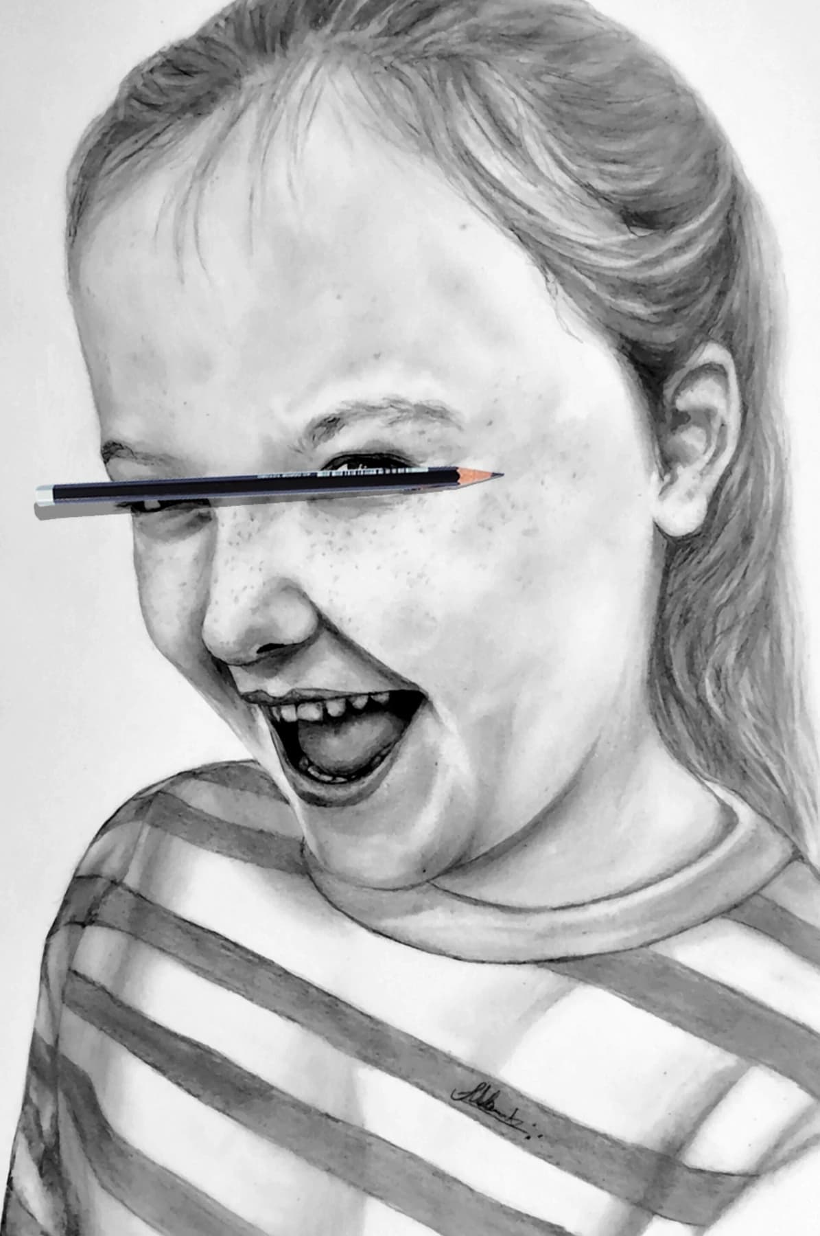 Handgetekend grafietportret van kind met afgedekt gezicht