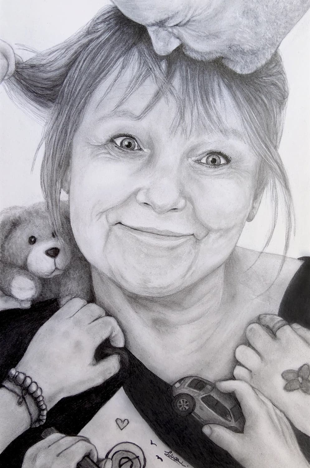 Handgetekend grafietportret van familiehanden